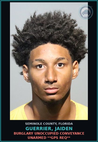 CCW arrest card for GUERRIER, JAIDEN in Seminole County: BURGLARY UNOCCUPIED CONVEYANCE UNARMED **GPS REQ**