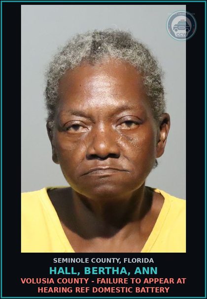 CCW arrest card for HALL, BERTHA, ANN in Seminole County: VOLUSIA COUNTY - FAILURE TO APPEAR AT HEARING REF DOMESTIC BATTERY