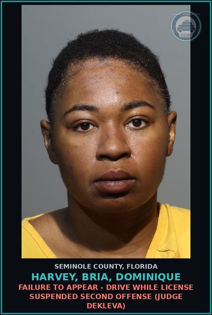 CCW arrest card for HARVEY, BRIA, DOMINIQUE in Seminole County: FAILURE TO APPEAR - DRIVE WHILE LICENSE SUSPENDED SECOND OFFENSE (JUDGE DEKLEVA)
