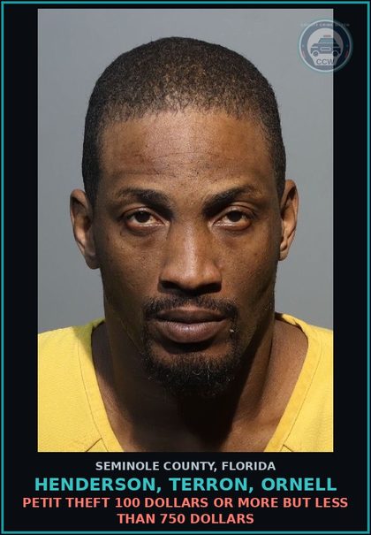 CCW arrest card for HENDERSON, TERRON, ORNELL in Seminole County: PETIT THEFT 100 DOLLARS OR MORE BUT LESS THAN 750 DOLLARS