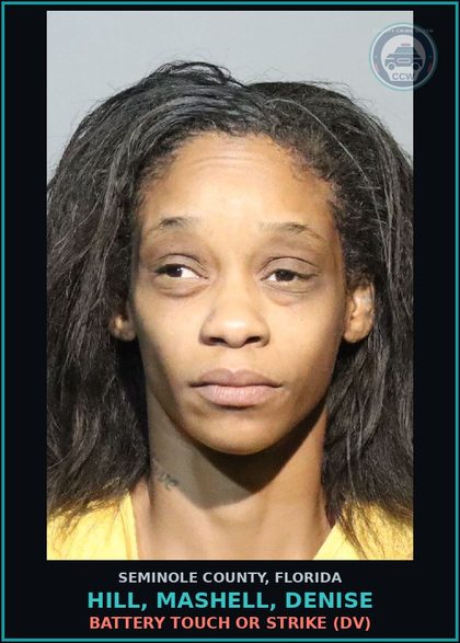 CCW arrest card for HILL, MASHELL, DENISE in Seminole County: BATTERY TOUCH OR STRIKE (DV)