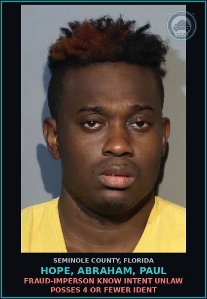 CCW arrest card for HOPE, ABRAHAM, PAUL in Seminole County: DRUG EQUIP-POSSESS AND OR USE**GPS**