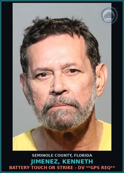 CCW arrest card for JIMENEZ, KENNETH in Seminole County: BATTERY TOUCH OR STRIKE - DV **GPS REQ**