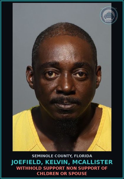 CCW arrest card for JOEFIELD, KELVIN, MCALLISTER in Seminole County: WITHHOLD SUPPORT NON SUPPORT OF CHILDREN OR SPOUSE