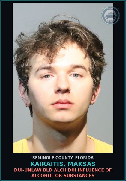 CCW arrest card for KAIRAITIS, MAKSAS in Seminole County: DUI-UNLAW BLD ALCH DUI INFLUENCE OF ALCOHOL OR DRUGS