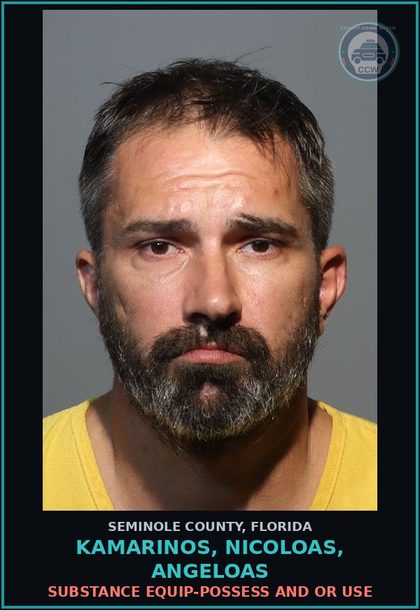 CCW arrest card for KAMARINOS, NICOLOAS, ANGELOAS in Seminole County: DRUG EQUIP-POSSESS AND OR USE