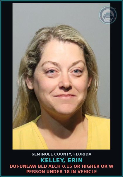 CCW arrest card for KELLEY, ERIN in Seminole County: DUI-UNLAW BLD ALCH 0.15 OR HIGHER OR W PERSON UNDER 18 IN VEHICLE
