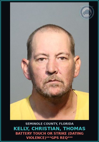 CCW arrest card for KELLY, CHRISTIAN, THOMAS in Seminole County: BATTERY TOUCH OR STRIKE (DATING VIOLENCE)***GPS REQ***