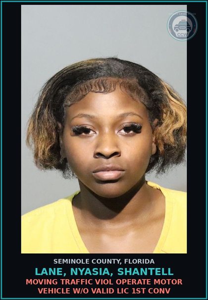 CCW arrest card for LANE, NYASIA, SHANTELL in Seminole County: MOVING TRAFFIC VIOL OPERATE MOTOR VEHICLE W/O VALID LIC 1ST CONV