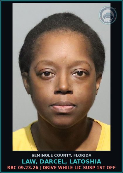 CCW arrest card for LAW, DARCEL, LATOSHIA in Seminole County: RBC 09.23.26 | DRIVE WHILE LIC SUSP 1ST OFF