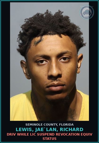 CCW arrest card for LEWIS, JAE`LAN, RICHARD in Seminole County: DRIV WHILE LIC SUSPEND REVOCATION EQUIV STATUS