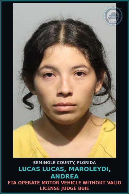 CCW arrest card for LUCAS LUCAS, MAROLEYDI, ANDREA in Seminole County: FTA OPERATE MOTOR VEHICLE WITHOUT VALID LICENSE JUDGE BUIE