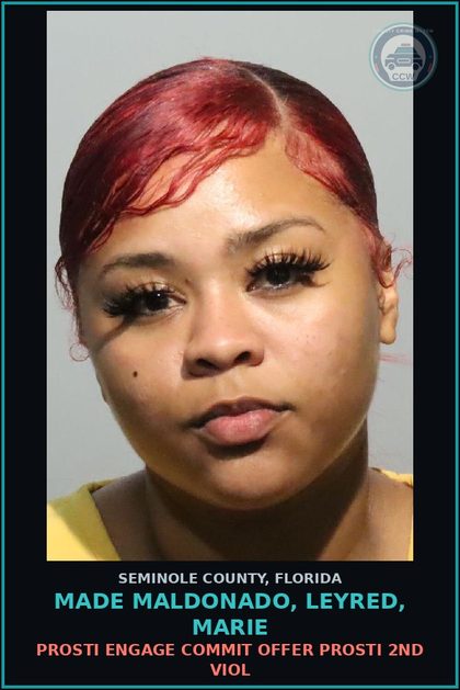 CCW arrest card for MADE MALDONADO, LEYRED, MARIE in Seminole County: Prosti ENGAGE COMMIT OFFER Prosti 2ND VIOL