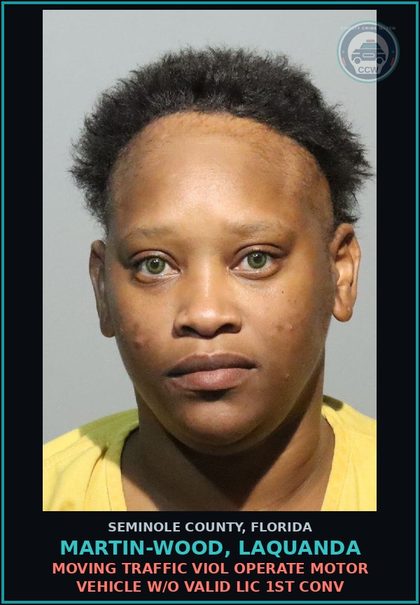 CCW arrest card for MARTIN-WOOD, LAQUANDA in Seminole County: MOVING TRAFFIC VIOL OPERATE MOTOR VEHICLE W/O VALID LIC 1ST CONV