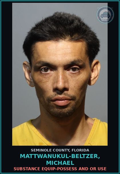 CCW arrest card for MATTWANUKUL-BELTZER, MICHAEL in Seminole County: DRUG EQUIP-POSSESS AND OR USE