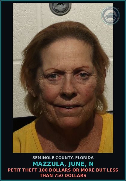 CCW arrest card for MAZZULA, JUNE, N in Seminole County: PETIT THEFT 100 DOLLARS OR MORE BUT LESS THAN 750 DOLLARS