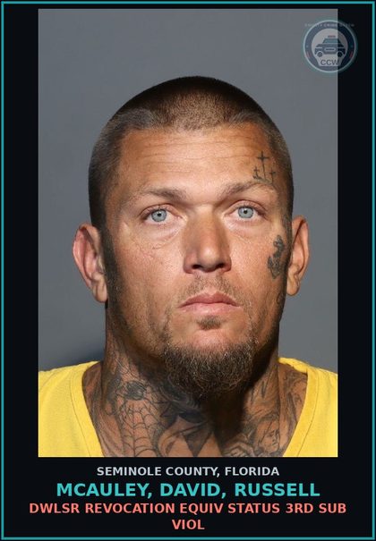 CCW arrest card for MCAULEY, DAVID, RUSSELL in Seminole County: DWLSR REVOCATION EQUIV STATUS 3RD SUB VIOL