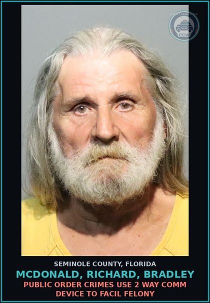 CCW arrest card for MCDONALD, RICHARD, BRADLEY in Seminole County: DRUGS-DELIV/DISTR DELIVER COCAINE HYDROCHLORIDE***GPS REQ***