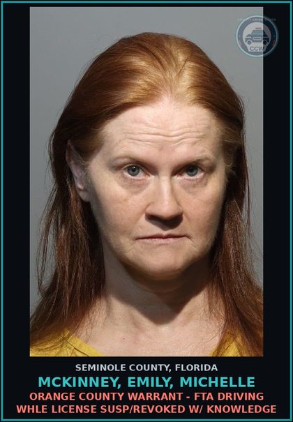 CCW arrest card for MCKINNEY, EMILY, MICHELLE in Seminole County: ORANGE COUNTY WARRANT - FTA DRIVING WHLE LICENSE SUSP/REVOKED W/ KNOWLEDGE