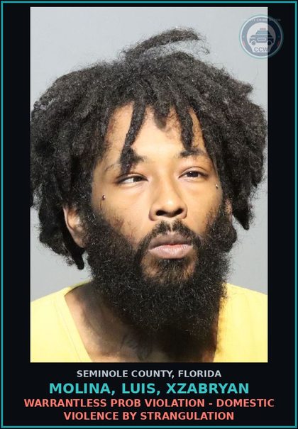 CCW arrest card for MOLINA, LUIS, XZABRYAN in Seminole County: WARRANTLESS PROB VIOLATION - DOMESTIC VIOLENCE BY STRANGULATION