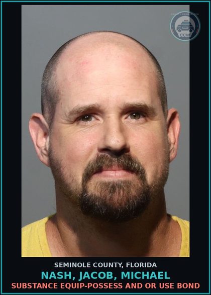 CCW arrest card for NASH, JACOB, MICHAEL in Seminole County: DRUG EQUIP-POSSESS AND OR USE BOND