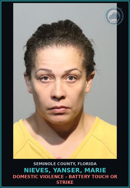 CCW arrest card for NIEVES, YANSER, MARIE in Seminole County: DOMESTIC VIOLENCE - BATTERY TOUCH OR STRIKE