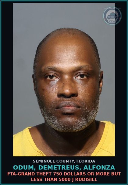 CCW arrest card for ODUM, DEMETREUS, ALFONZA in Seminole County: HOLD FOR SUWANNEE CIHOLD FOR SUWANNEE CI *WE BORROWED*