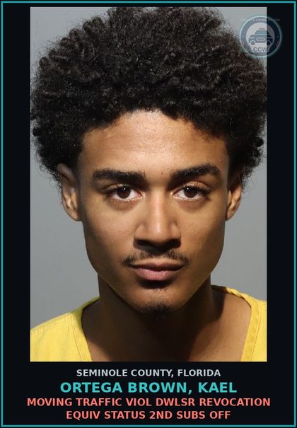 CCW arrest card for ORTEGA BROWN, KAEL in Seminole County: MOVING TRAFFIC VIOL DWLSR REVOCATION EQUIV STATUS 2ND SUBS OFF