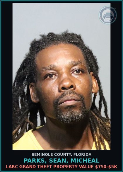 CCW arrest card for PARKS, SEAN, MICHEAL in Seminole County: LARC GRAND THEFT PROPERTY VALUE $750-$5K