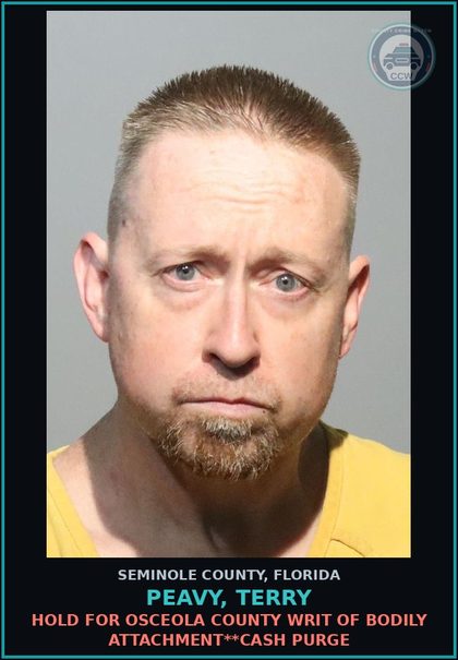 CCW arrest card for PEAVY, TERRY in Seminole County: HOLD FOR OSCEOLA COUNTY WRIT OF BODILY ATTACHMENT**CASH PURGE
