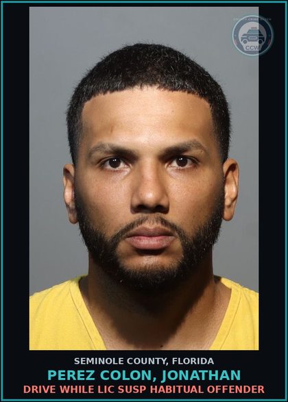 CCW arrest card for PEREZ COLON, JONATHAN in Seminole County: DRIVE WHILE LIC SUSP HABITUAL OFFENDER