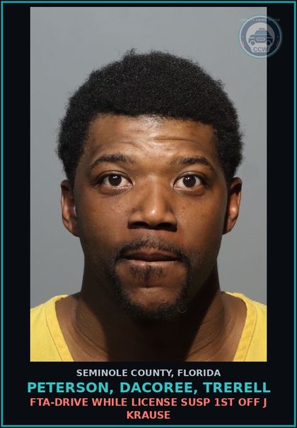 CCW arrest card for PETERSON, DACOREE, TRERELL in Seminole County: FTA-DRIVE WHILE LICENSE SUSP 1ST OFF J KRAUSE