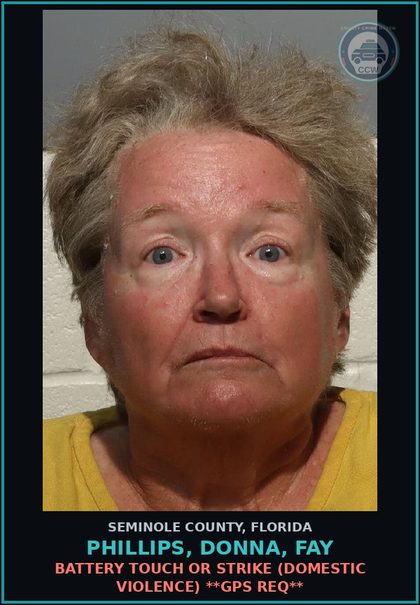 CCW arrest card for PHILLIPS, DONNA, FAY in Seminole County: BATTERY TOUCH OR STRIKE (DOMESTIC VIOLENCE) **GPS REQ**