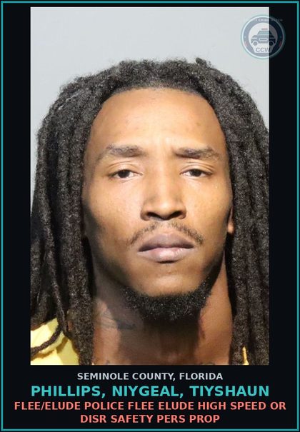 CCW arrest card for PHILLIPS, NIYGEAL, TIYSHAUN in Seminole County: FLEE/ELUDE POLICE FLEE ELUDE HIGH SPEED OR DISR SAFETY PERS PROP