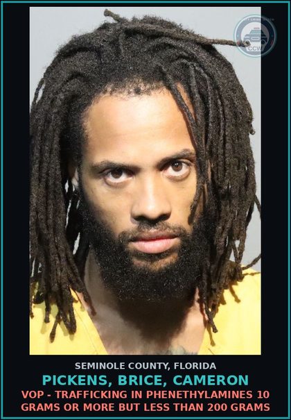 CCW arrest card for PICKENS, BRICE, CAMERON in Seminole County: HOLD FOR STATE GPS