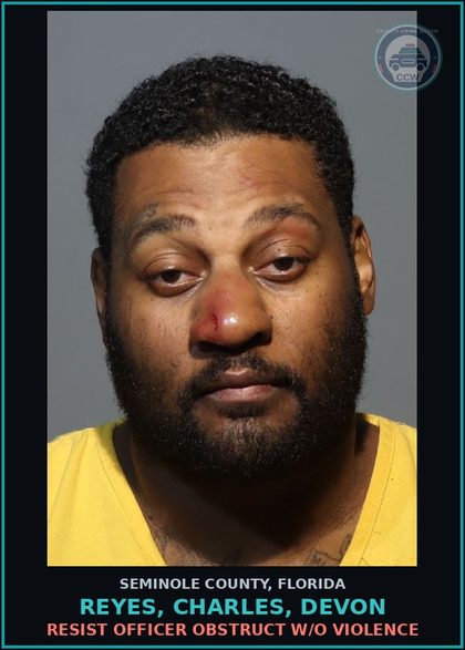 CCW arrest card for REYES, CHARLES, DEVON in Seminole County: WARRANTLESS VIOLATION PROB - C0CAINE-SALE/MANUF/DELIV