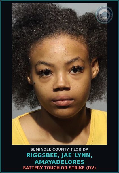 CCW arrest card for RIGGSBEE, JAE`LYNN, AMAYADELORES in Seminole County: BATTERY TOUCH OR STRIKE (DV)