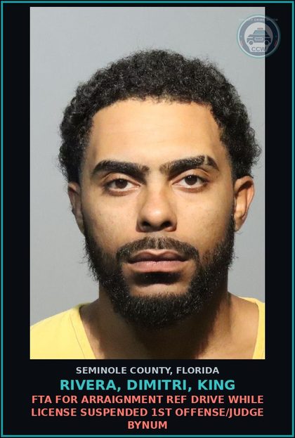 CCW arrest card for RIVERA, DIMITRI, KING in Seminole County: FTA FOR ARRAIGNMENT REF DRIVE WHILE LICENSE SUSPENDED 1ST OFFENSE/JUDGE BYNUM