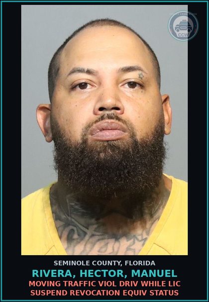CCW arrest card for RIVERA, HECTOR, MANUEL in Seminole County: MOVING TRAFFIC VIOL DRIV WHILE LIC SUSPEND REVOCATION EQUIV STATUS