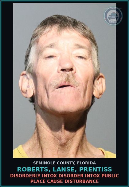 CCW arrest card for ROBERTS, LANSE, PRENTISS in Seminole County: DISORDERLY INTOX DISORDER INTOX PUBLIC PLACE CAUSE DISTURBANCE