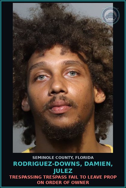 CCW arrest card for RODRIGUEZ-DOWNS, DAMIEN, JULEZ in Seminole County: TRESPASSING TRESPASS FAIL TO LEAVE PROP ON ORDER OF OWNER