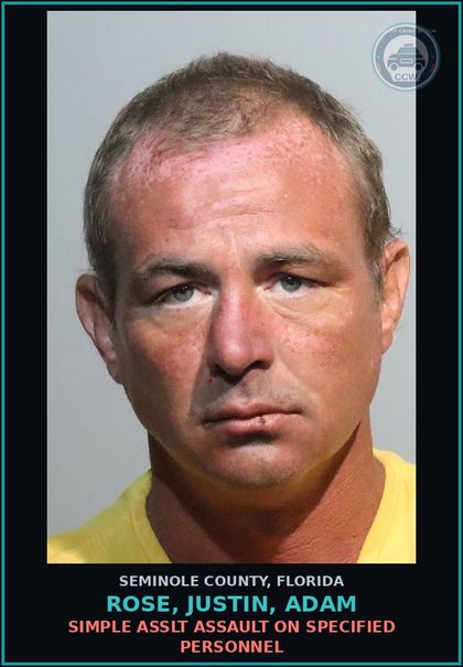 CCW arrest card for ROSE, JUSTIN, ADAM in Seminole County: DISORDERLY INTOX DISORDER INTOX PUBLIC PLACE CAUSE DISTURBANCE
