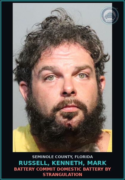 CCW arrest card for RUSSELL, KENNETH, MARK in Seminole County: RBC 9.12.26 | COCAINE WITH INTENT TO SELL MFG DELIV SCHEDULE I OR II