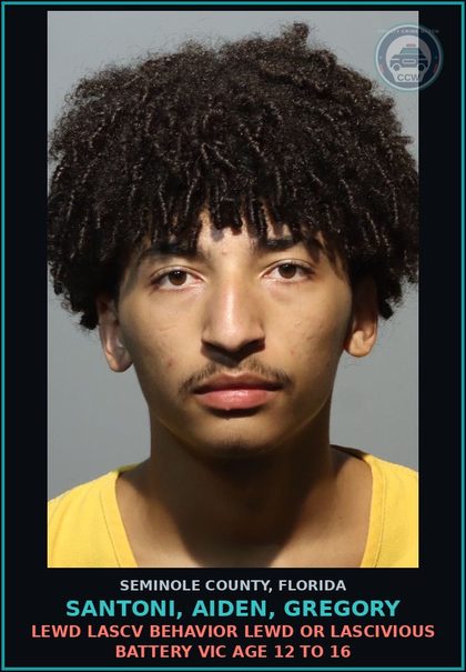CCW arrest card for SANTONI, AIDEN, GREGORY in Seminole County: LEWD LASCV BEHAVIOR LEWD OR LASCIVIOUS BATTERY VICTIM AGE 12 TO 16
