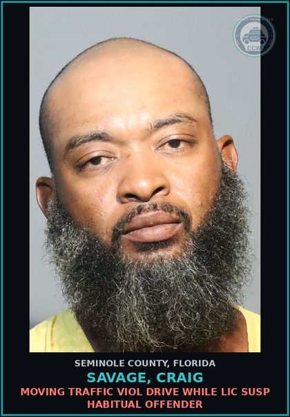 CCW arrest card for SAVAGE, CRAIG in Seminole County: MOVING TRAFFIC VIOL DRIVE WHILE LIC SUSP HABITUAL OFFENDER
