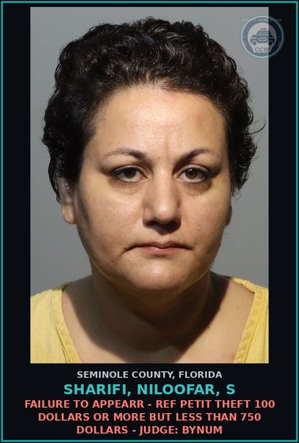 CCW arrest card for SHARIFI, NILOOFAR, S in Seminole County: FAILURE TO APPEARR - REF PETIT THEFT 100 DOLLARS OR MORE BUT LESS THAN 750 DOLLARS - JUDGE: BYNUM