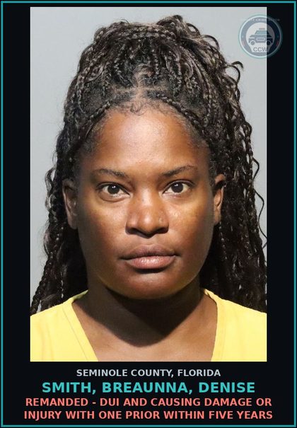 CCW arrest card for SMITH, BREAUNNA, DENISE in Seminole County: REMANDED - DRIVING WHILE LICENSE CANCELED, SUSPENDED OR REVOKED