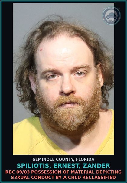 CCW arrest card for SPILIOTIS, ERNEST, ZANDER in Seminole County: RBC 09/03 POSSESSION OF MATERIAL DEPICTING s3xual CONDUCT BY A chld RECLASSIFIED