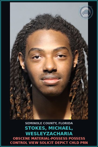 CCW arrest card for STOKES, MICHAEL, WESLEYZACHARIA in Seminole County: OBSCENE MATERIAL-POSSESS POSSESS CONTROL VIEW SOLICIT DEPICT chld PORN