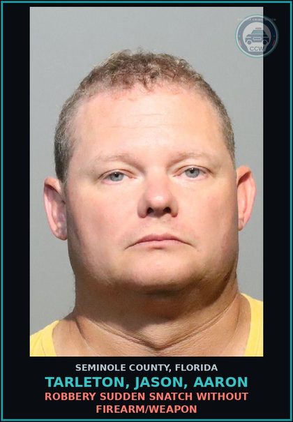 CCW arrest card for TARLETON, JASON, AARON in Seminole County: BATTERY TOUCH OR STRIKE (DV)